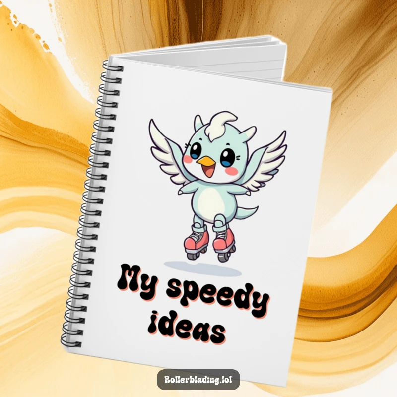 Funny notebook with a cheerful, winged creature doing a speed turn on roller skates, for jotting notes.