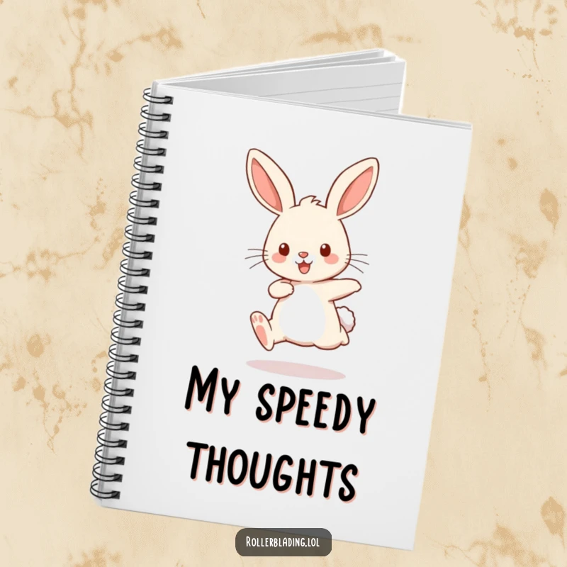 Funny notebook with a playful rabbit comically bouncing with pumping legs, perfect for jotting down energetic thoughts.