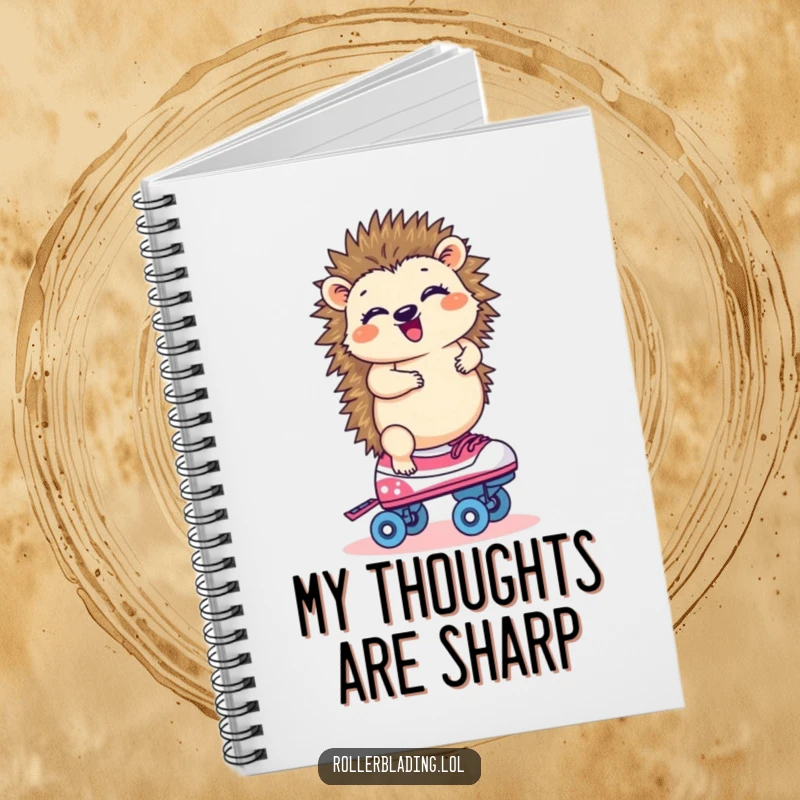 Funny hedgehog giggling on one roller skate, notebook cover for writing, drawing, and planning.