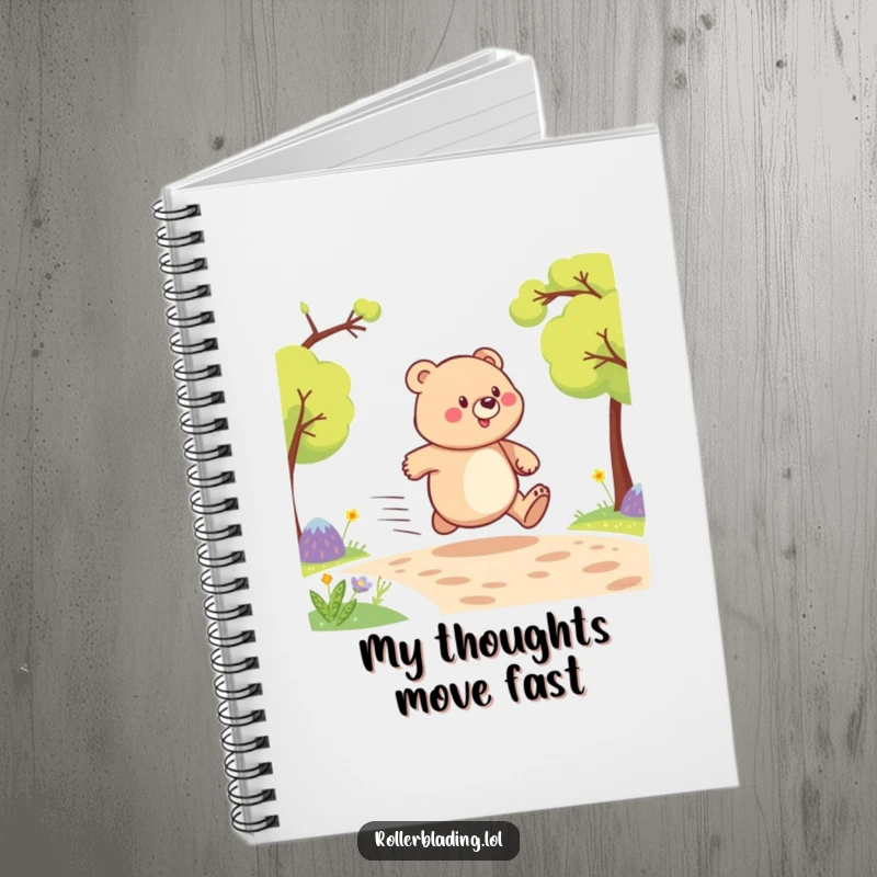Funny notebook cover showing a determined bear speeding along, ideal for jotting down notes with a humorous and energetic flair.