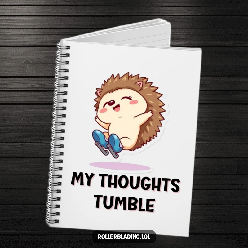 Funny notebook with a tiny hedgehog character falling backwards on roller skates. Great for journaling.