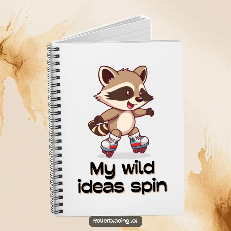 Funny notebook with a mischievous raccoon character spinning on roller skates. Great for journaling.