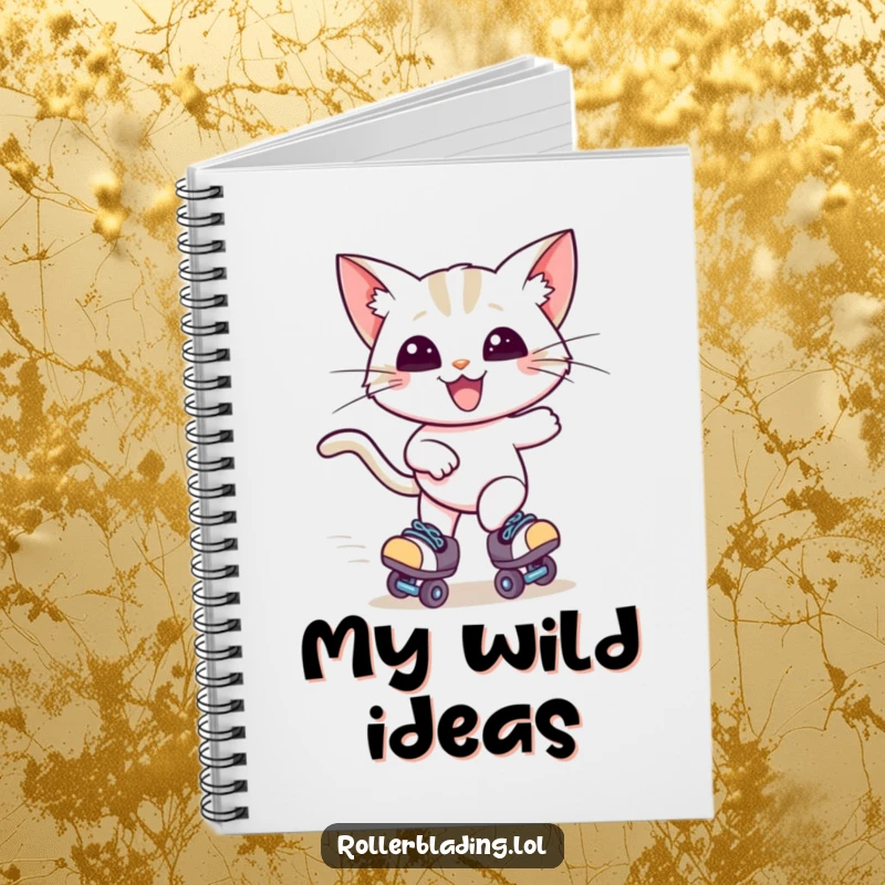 Funny notebook illustrating a happy cat zooming on roller skates, windblown ears showcasing its speed, ready to capture your notes.