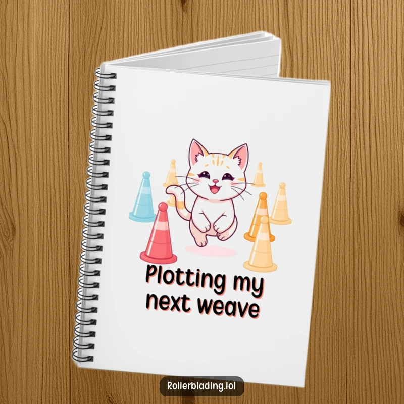 Funny smiling cat mid-agility run, depicted on a notebook cover, great funny gift for note-takers.