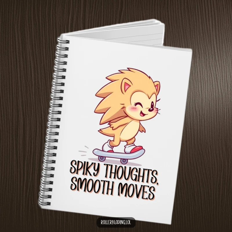 Funny hedgehog skater notebook with a happy hedgehog skating backward, perfect for writing notes with humor.