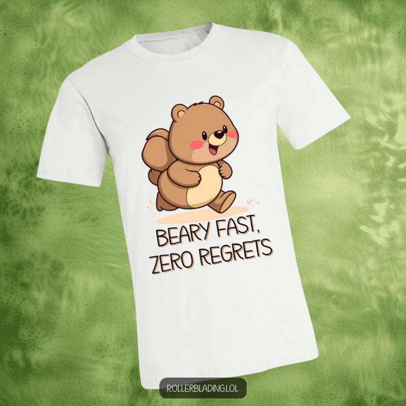 Funny t-shirt showcasing a proud, joyful bear in full sprint on a scenic path, perfect for outdoor enthusiasts.