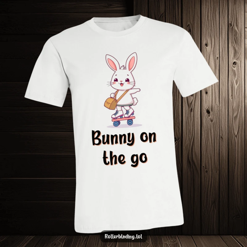 Funny t-shirt with a smiling, determined bunny balancing on roller skates while holding a go-getter bag.