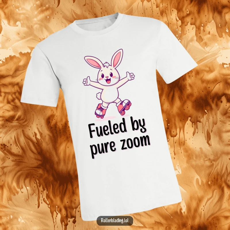 Funny Bunny T-Shirt: A happy bunny skates rapidly forward, arms pumping, radiating enthusiasm and a love for funny, active pursuits.
