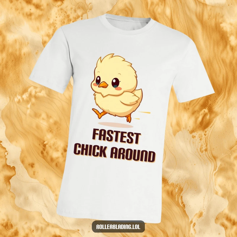 Funny chick t-shirt featuring a fluffy chick as a streak of motion, conveying speed and cuteness, great gift.