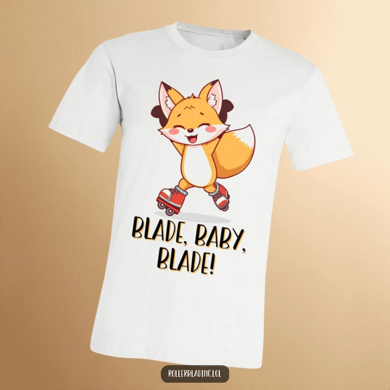 Funny t-shirt graphic of a joyful fox spinning with arms up on roller blades, capturing energetic motion and happiness.