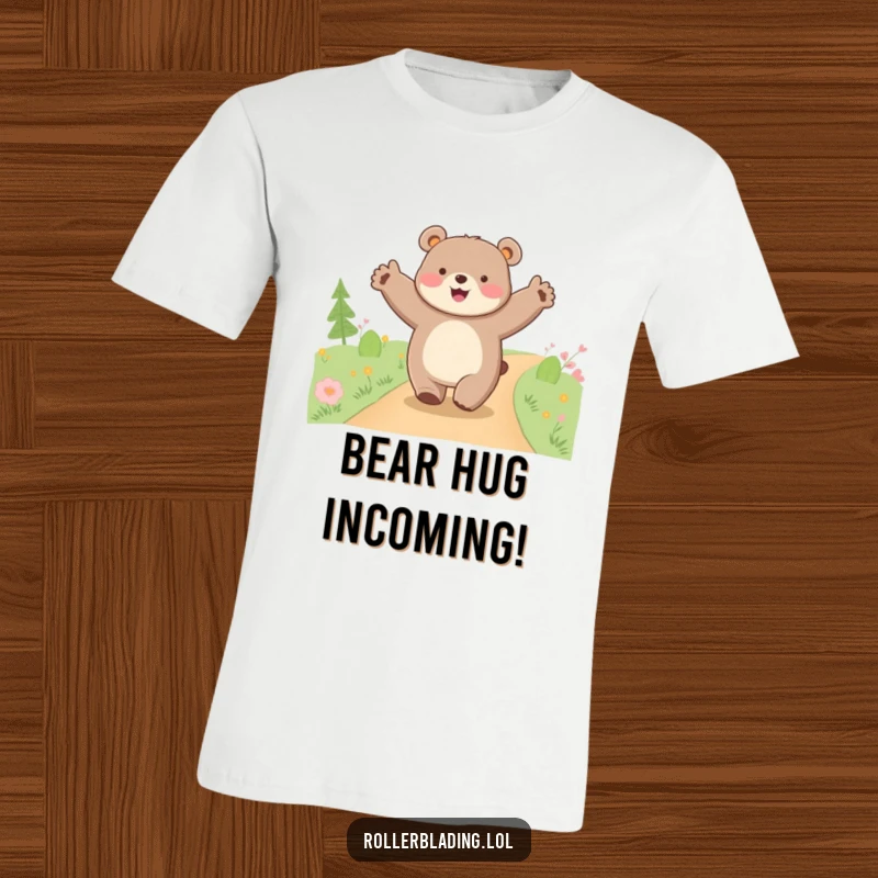 Funny happy bear t-shirt, cruising along a path with arms spread wide, a charming depiction of pure bliss and freedom.