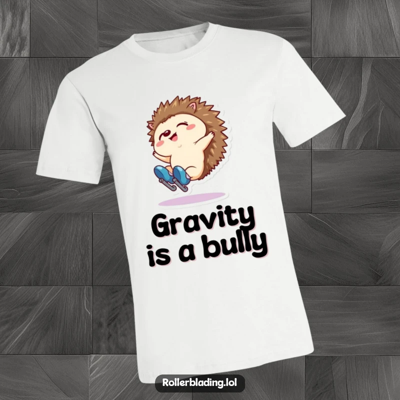 Funny t-shirt with a tiny hedgehog falling backwards on roller skates. Ideal for clumsy or playful personalities.