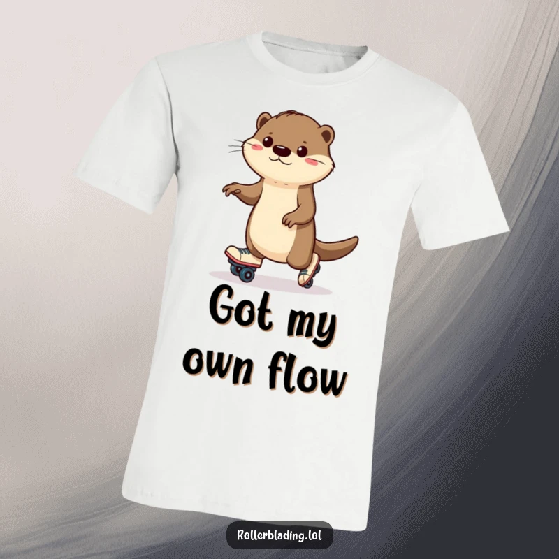 Funny otter t-shirt depicting a determined otter wobbling precariously on roller skates, in a moment of focused effort.