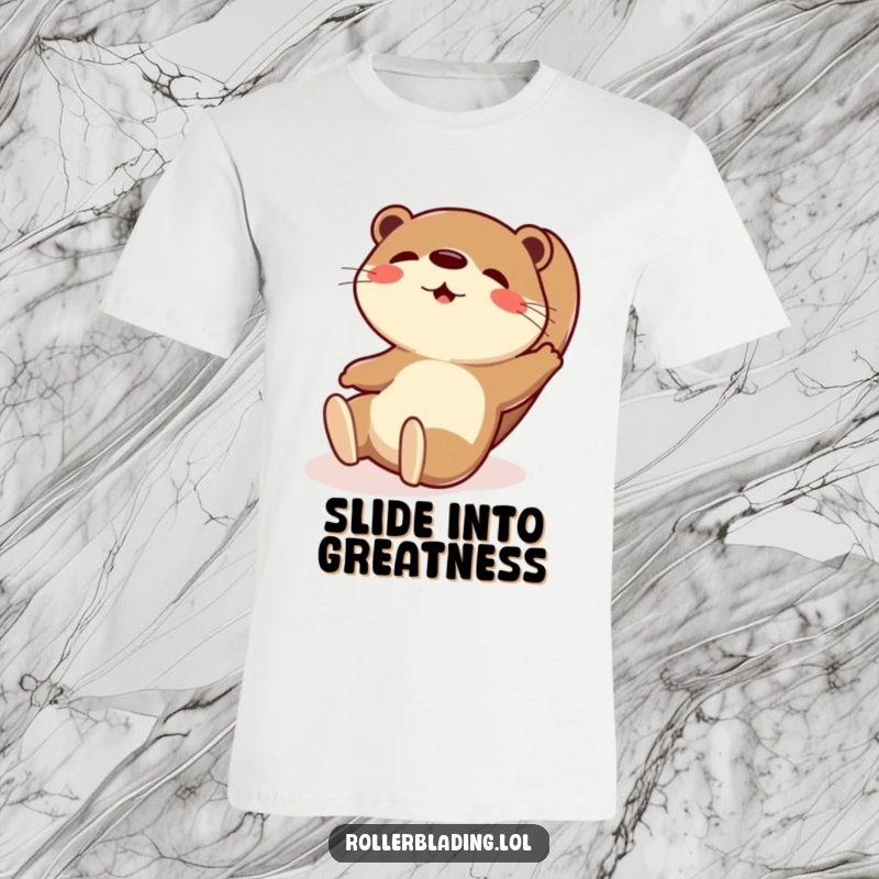 Funny t-shirt graphic of a playful otter performing an exaggerated, dramatic slide with a happy face.