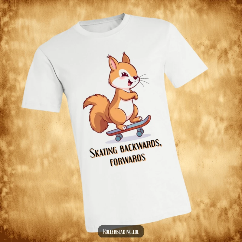 Funny t-shirt featuring a proud squirrel skating backwards with extreme confidence and a stylish flair, looking effortlessly cool.