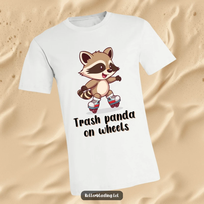 Funny t-shirt with a mischievous raccoon spinning on roller skates with a big grin. Ideal for skaters.