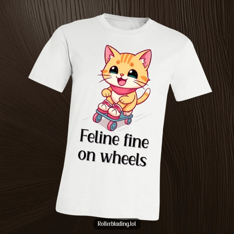 Funny roller skating cat t-shirt: A joyful cat in mid-roll down a ramp on skates, showcasing pure delight and effortless style.