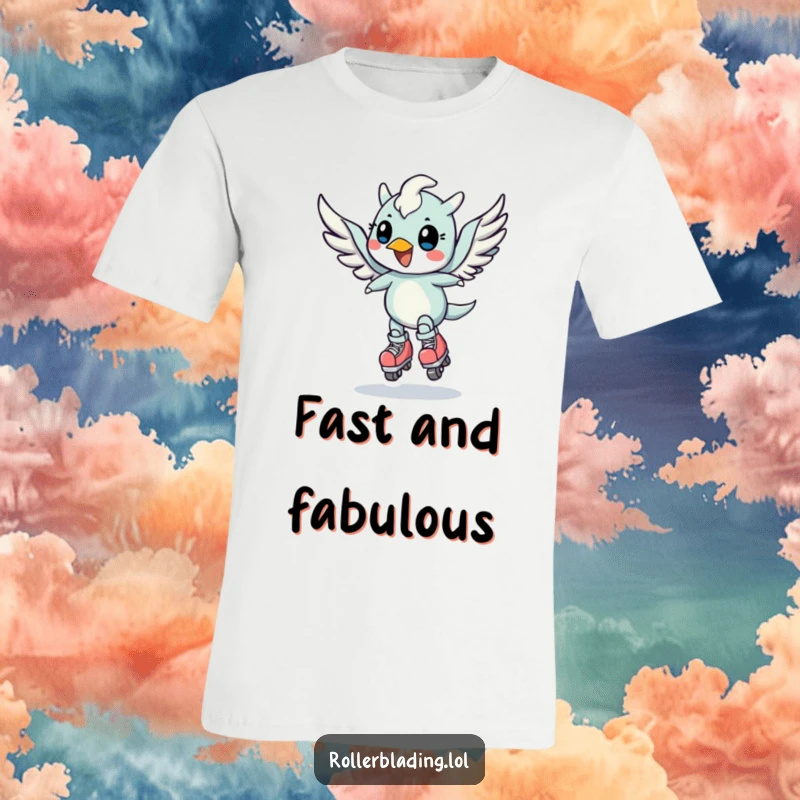 Funny t-shirt with a cheerful, winged creature performing a speed turn on roller skates, capturing motion.