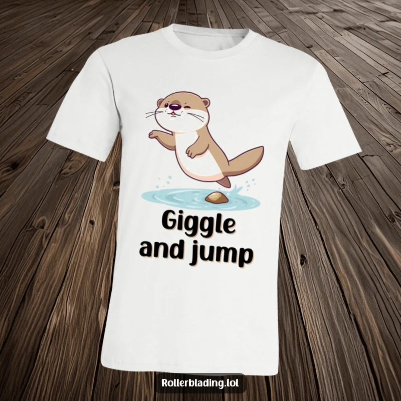 Funny t-shirt with a giggling otter comically attempting a daring jump, showcasing a wobbly but triumphant landing.