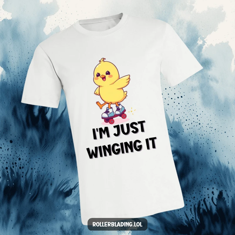 Funny chick in roller skates, mid-jump with a cheerful expression, capturing the joy of skating, vibrant funny design.