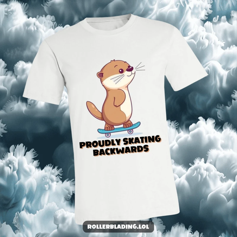 Funny otter skating t-shirt, a giggling animal skating backwards with a proud look, embodying confident movement and joyful performance.