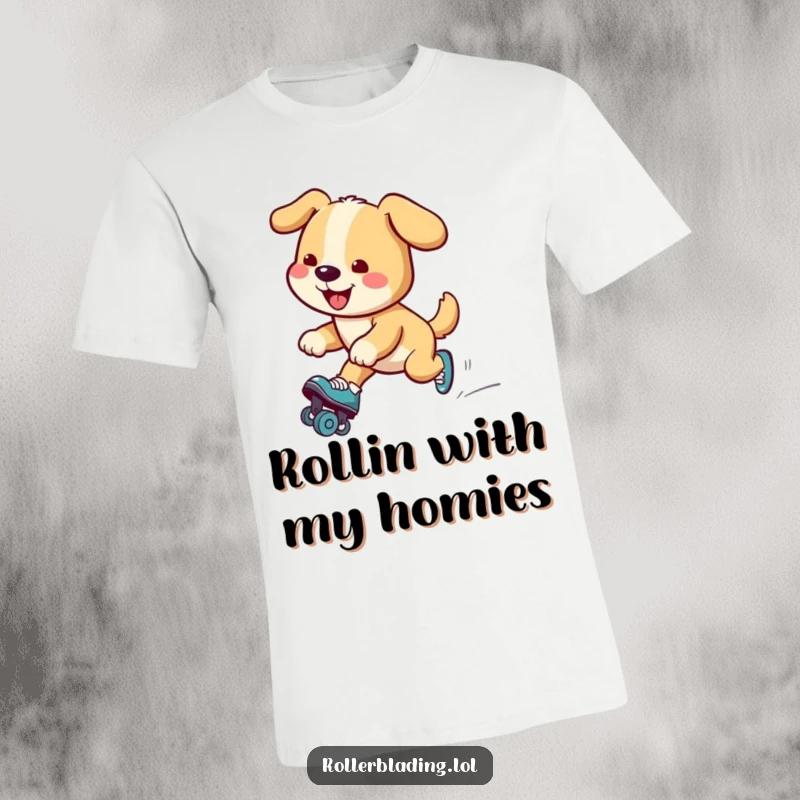 Funny dog t-shirt depicting a smiling dog effortlessly gliding on roller skates, showcasing a fun-loving and athletic canine personality.
