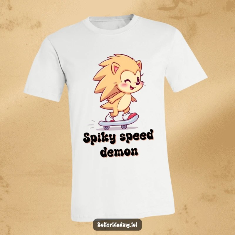 Funny hedgehog skater t-shirt featuring a happy hedgehog smiling and skating backward, humorous sports animal design.
