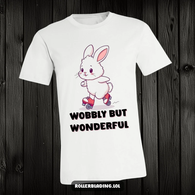 Funny fluffy bunny attempting a wobbly turn on roller skates, emphasizing cuteness and charm.