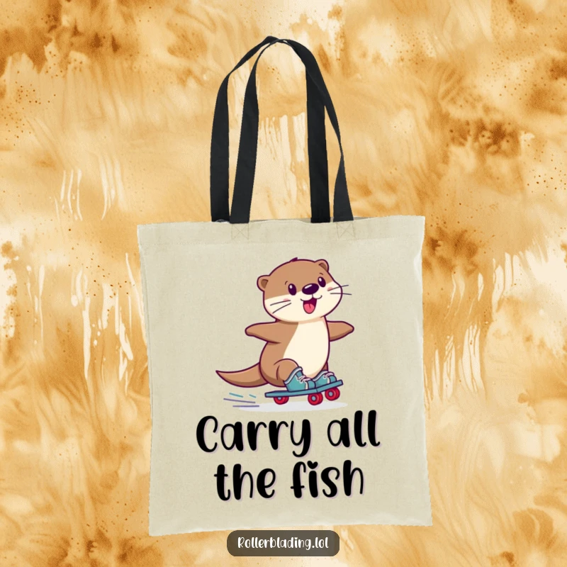Funny Otter Tote Bag: A playful otter in a funny, wobbly slide on roller skates, perfect for a humorous and functional accessory.