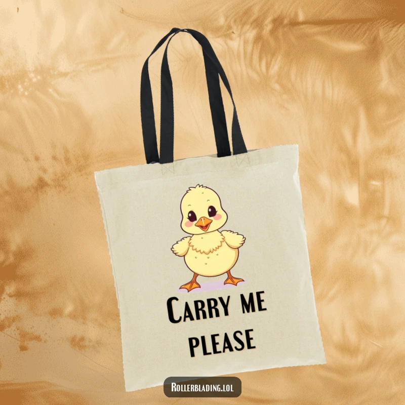 Funny tote bag with a wobbly duckling taking unsteady steps, perfect for carrying items with adorable and humorous style.