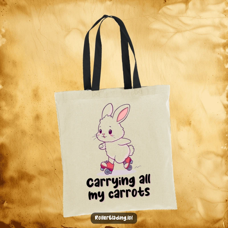 Funny fluffy bunny attempting a wobbly turn on roller skates, a cute tote bag for daily use.