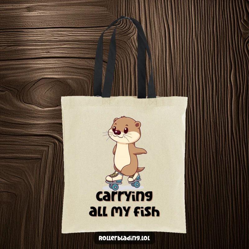 Funny Tote Bag: An elegant otter gliding on roller skates, showcasing poise and whimsy, ideal for carrying groceries with a smile.
