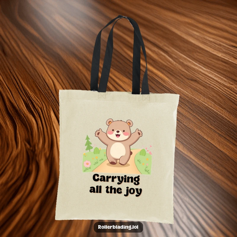 Funny happy bear tote bag, depicting a bear cruising along a path with arms wide open, a humorous and practical accessory.
