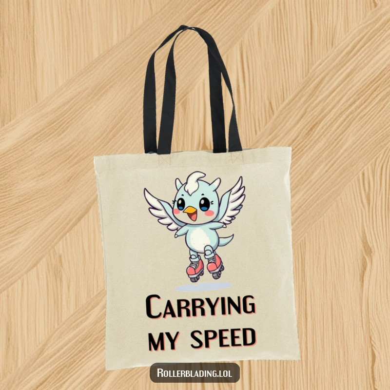 Funny tote bag with a cheerful, winged creature doing a speed turn on roller skates, for carrying items fast.