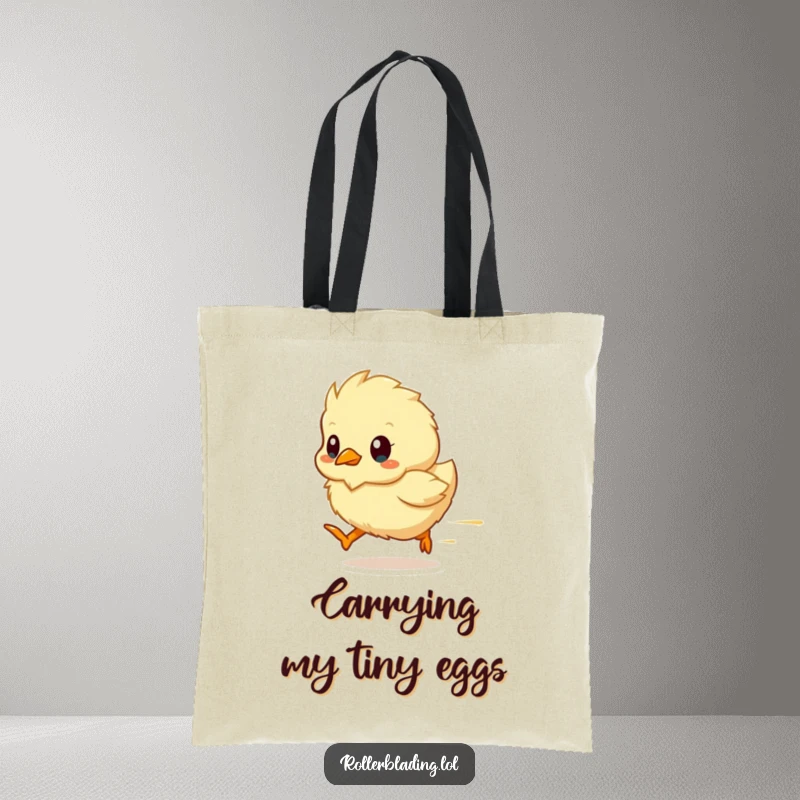 Funny chick tote bag depicting a fluffy chick as a fast blur, great for carrying essentials with style.