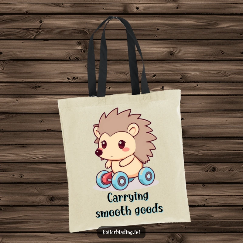 Funny tote bag showcasing a friendly hedgehog smoothly gliding on roller skates, ready to carry your items with effortless, charming style.