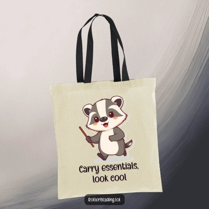 Funny tote bag featuring a proud badger cruising along with a stick, ready for adventure.