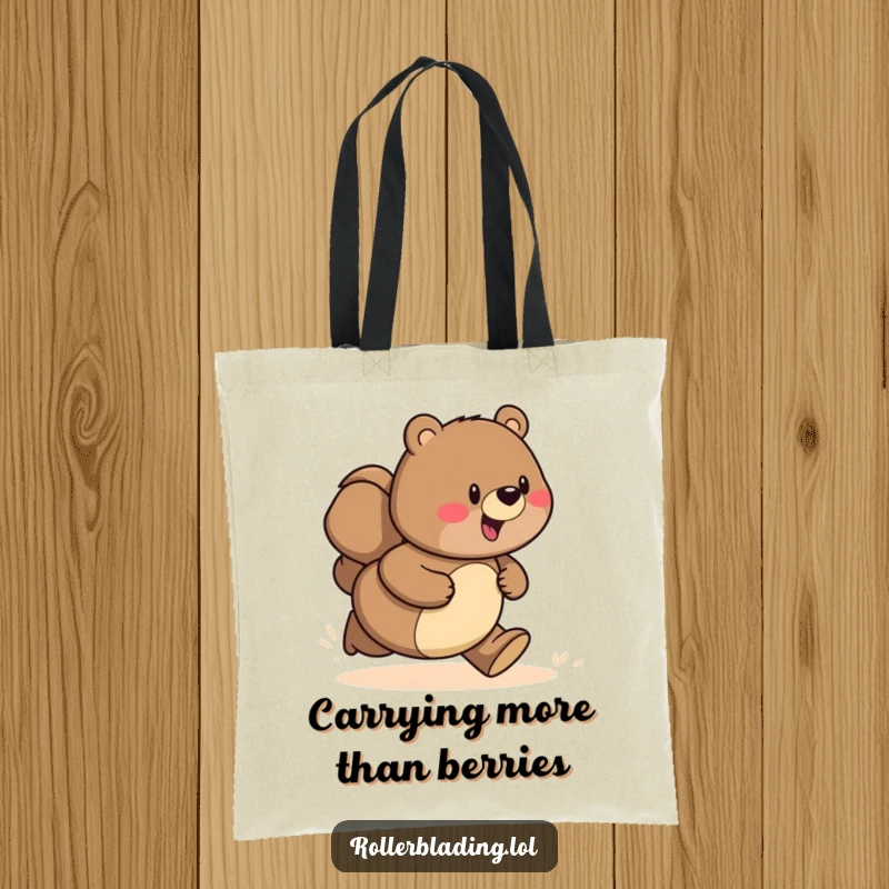 Funny tote bag illustrating a proud bear in mid-stride, speeding dynamically along a path, ready for any journey.