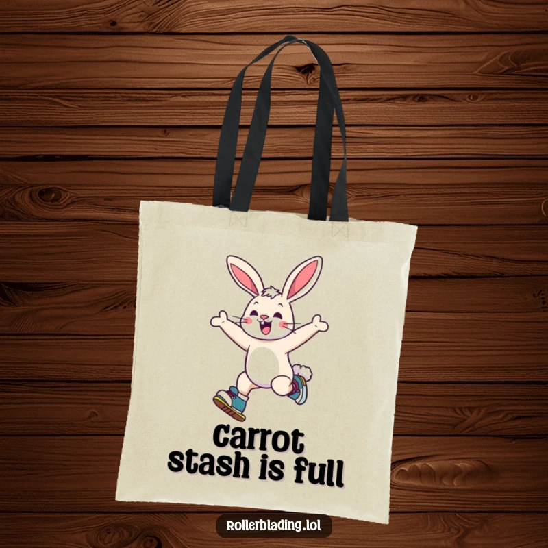 Funny bunny tote bag featuring a cheerful bunny mid-jump on roller skates, ideal for errands and fun.