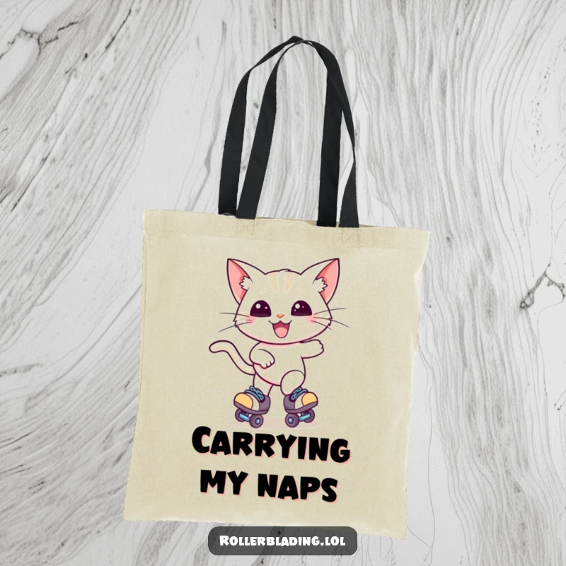 Funny tote bag illustration of a happy cat zooming on roller skates, windblown ears indicating speed, perfect for carrying essentials.