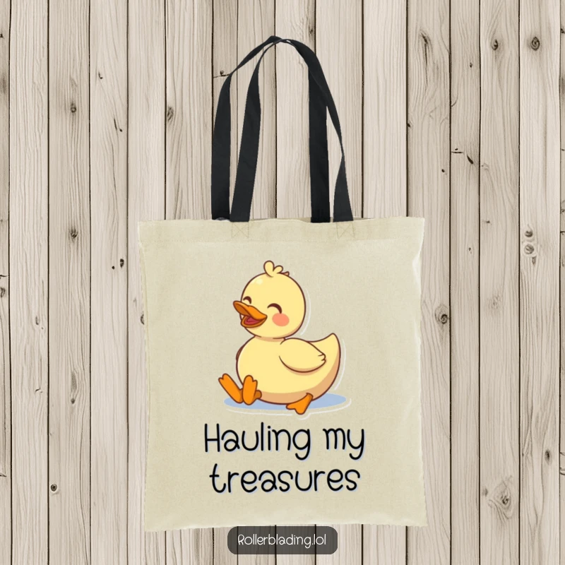 Funny smiling duck rolling on roller skates, a cheerful tote bag for carrying daily items.