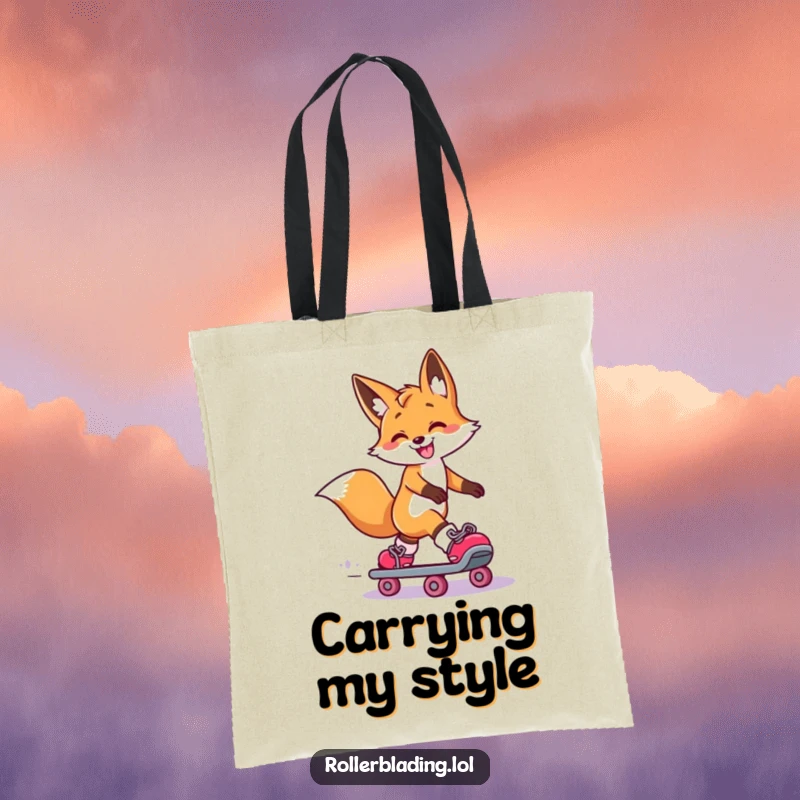 Funny Fox Tote Bag: A smiling fox performs a smooth roller skate slide with one leg extended, adding humorous flair to this stylish bag.