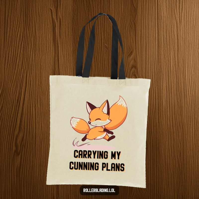 Funny fox tote bag featuring a playful fox executing a speedy crossover turn on roller skates, ideal for errands.