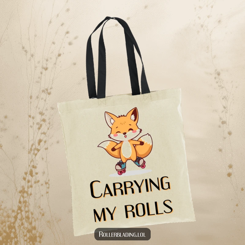 Funny Fox Tote Bag: A charming tote bag featuring a curious fox doing a playful hop on roller skates, great for shopping trips.