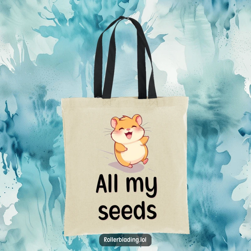 Funny giggling hamster tote bag, showing a hamster speeding downhill with wind in its fur, perfect for fun errands.