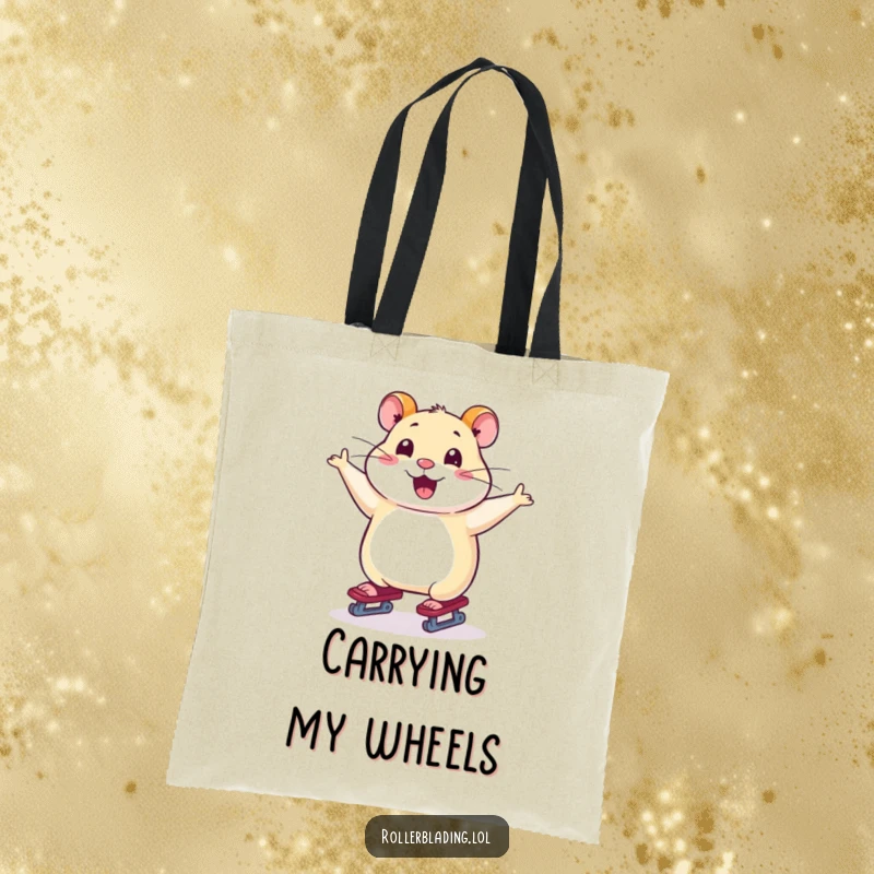 Funny tote bag showcasing a smiling hamster gracefully skating with arms out, perfect for carrying daily necessities.
