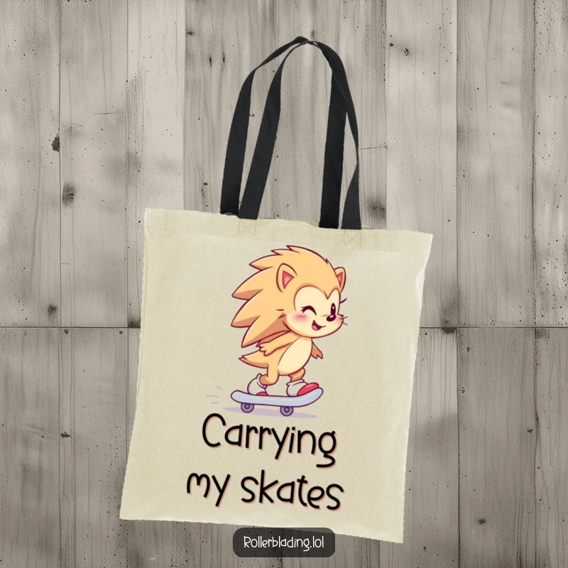 Funny hedgehog skater tote bag with a happy hedgehog skating backward, humorous and practical carrying solution.