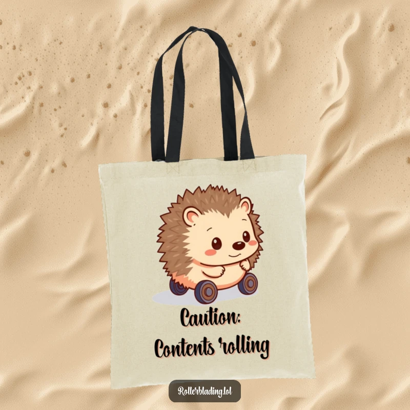 Funny Hedgehog Tote Bag: A shy hedgehog embarks on a cautious journey, rolling forward on hesitant wheels with endearing humor.