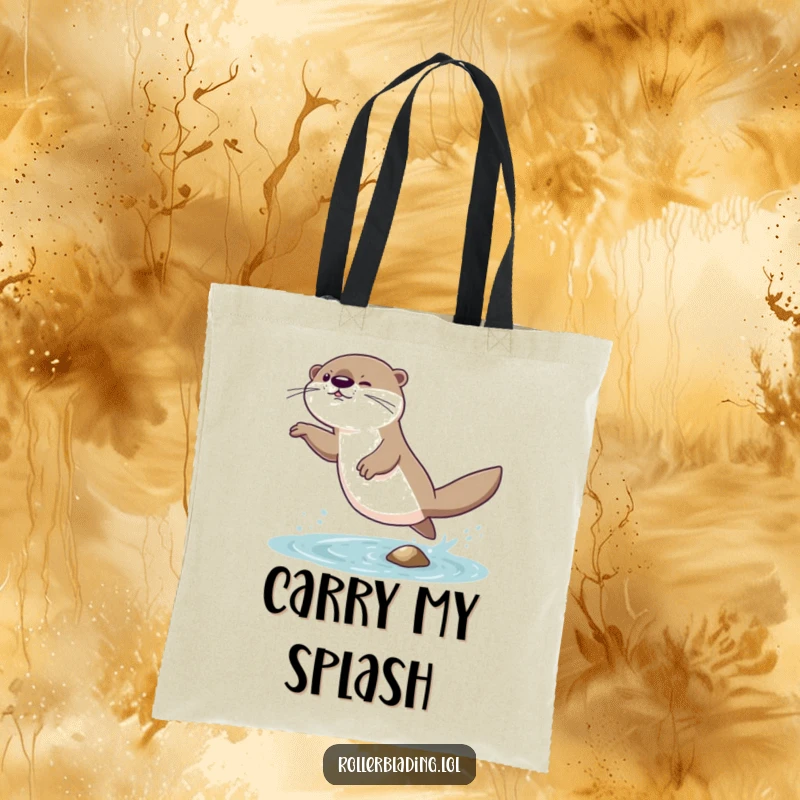 Funny tote bag featuring a giggling otter comically attempting a daring jump and landing with a wobble, perfect for daily use.