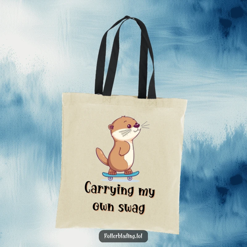 Funny otter skating tote bag, a giggling animal skating backwards with a proud look, perfect for carrying daily items with quirky flair.